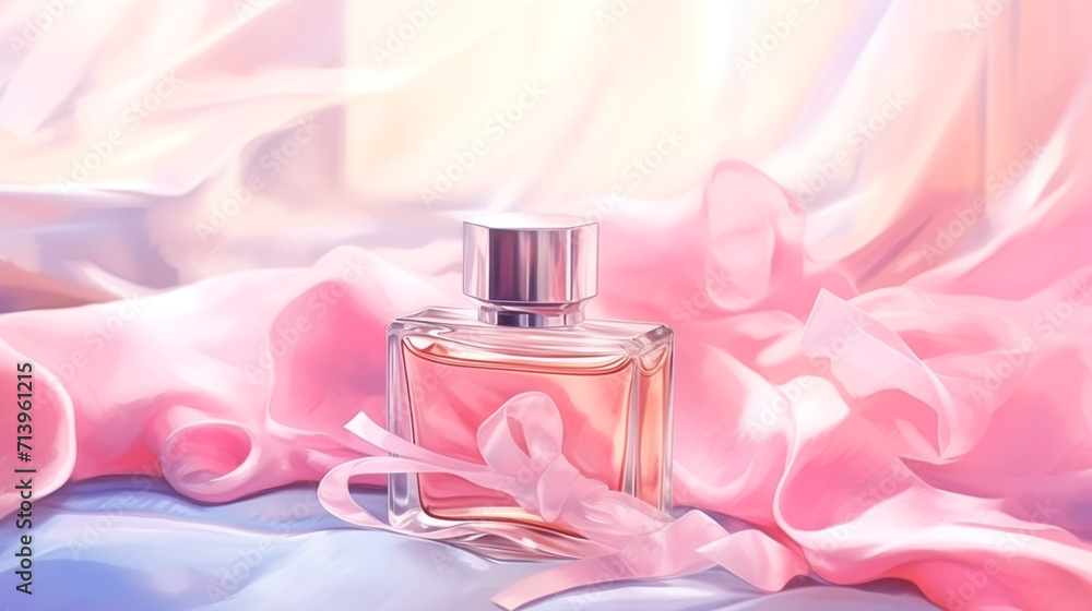 Glass bottle of perfume without a lid on a background of silk with copy space Glass bottle of perfume without a lid on a background of silk with copy space