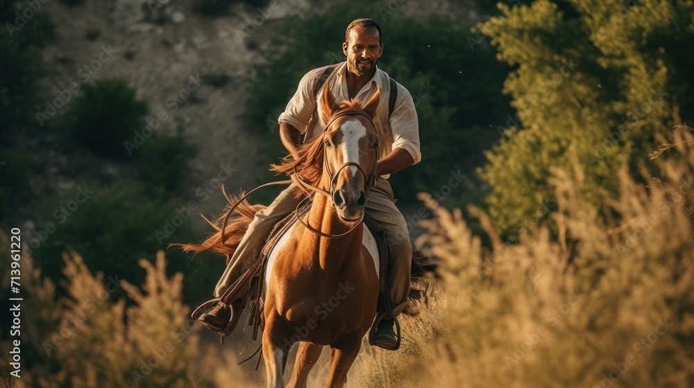 A man riding on the back of a brown horse, he wearing western dresser style and hat on summer with green mountain and blue sky background. A man riding on the back of a brown horse, he wearing western dresser style and hat on summer with green mountain and blue sky background.
