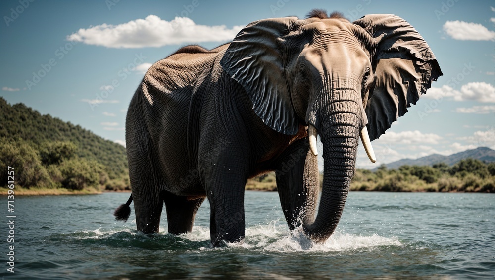 Fototapeta premium An elephant sits proudly in a shimmering lake, splashing water joyously upon its back as its aged skin gleams in the bright sun.