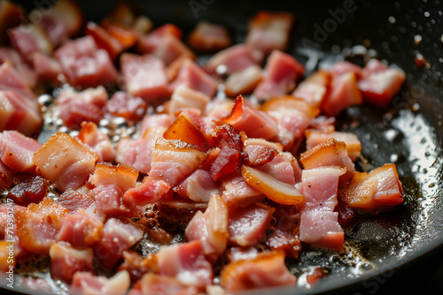 Sizzling Diced Pancetta in a Skillet: A Close-up View of the Cooking Process with Herbs and Spices