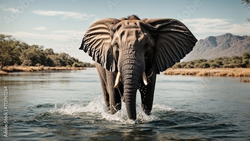 A elephant stands tall in a crystal clear lake, its wrinkled skin glistening in the warm sun as it joyfully splashes water onto its back © LIFE LINE
