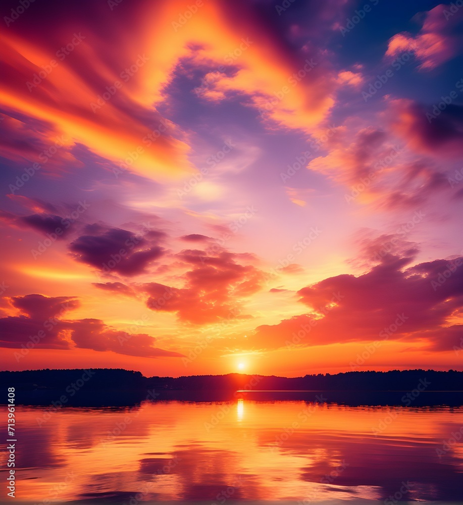 Breathtaking Sunset Over Calm Lake Amidst a Symphony of Colors