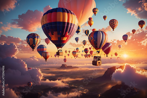 Fantasy hot air balloons at sunset in the sky design. photo