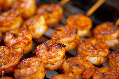 Juicy Grilled Shrimp Skewers with a Glazed Finish - Ideal for Seafood Restaurant Menus, Cooking Blogs, and Summer BBQ Invitations