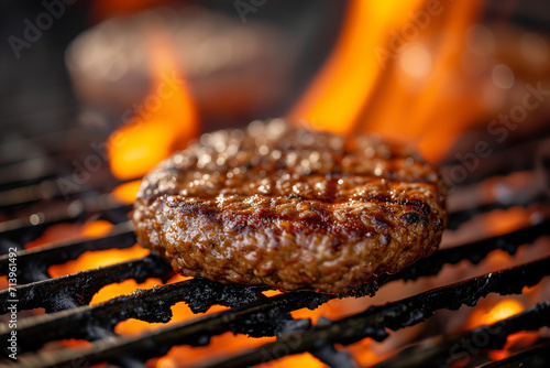 Sizzling Grilled Burger Patty Over Open Flames - Perfect for BBQ Party Invites, Culinary Guides, and Recipe Websites