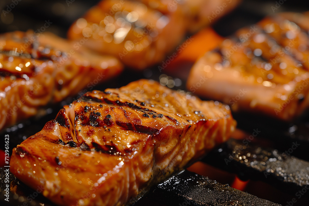 Glazed Grilled Salmon Fillets with Sesame Seeds and Green Onions - Perfect for Healthy Menus and Seafood Cuisine Promotions