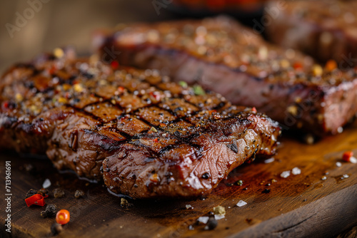 Juicy Grilled Steak Seasoned to Perfection: A Close-up View Ideal for Gourmet Cooking, Recipe Websites, and Culinary Guides