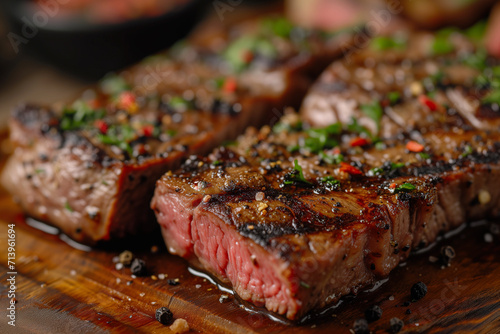 Sizzling Medium-Rare Steak Slices with Fresh Herbs and Spices on a Wooden Board - Ideal for Restaurant Menus, Culinary Blogs, and Steakhouse Promotions