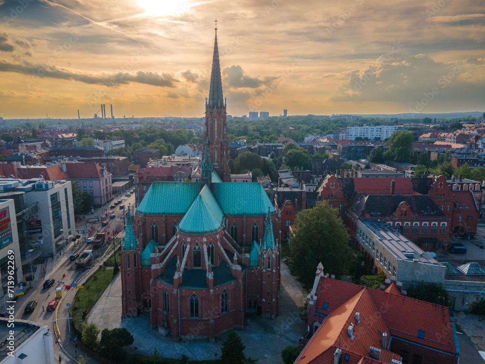 Drone view of the church. Sunset. Bytom is a city in Poland.