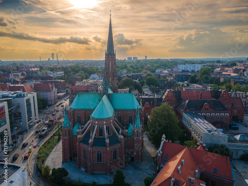 Obraz na płótnie Drone view of the church. Sunset. Bytom is a city in Poland. w salonie