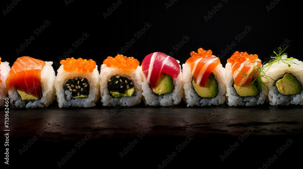 Sushi set on black background. Sushi art. Beautiful serving traditional Japanese food. Rice and fish.
Sushi set on black background. Sushi art. Beautiful serving traditional Japanese food. Rice and fish.
