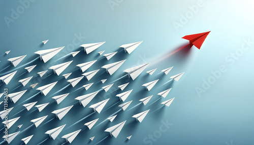 Red paper plane leading white airplanes. Leadership, teamwork and courage concept.