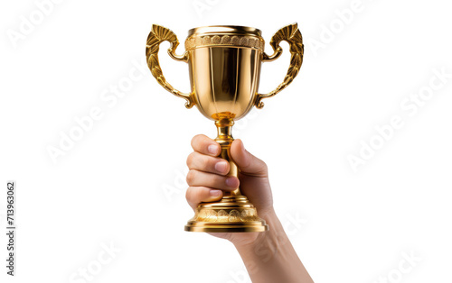 Isolated Child's Raised Hand with Gold Trophy Isolated on Transparent Background.