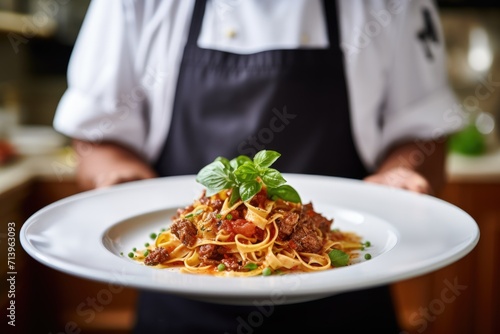 Italian Culinary Tradition: Savor the Culinary Artistry as a Chef Showcases a Mouthwatering Plate of Tagliatelle al Ragù alla Bolognese, Epitomizing the Rich Essence of Bolognese Cuisine.