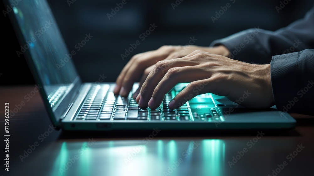 Hand men using laptop or computer keyboard for programming and digital business or research market data concept. Created with Generative AI Hand men using laptop or computer keyboard for programming and digital business or research market data concept. Created with Generative AI