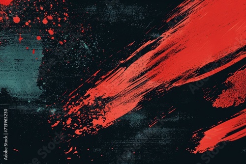 Black grunge background with a red brush stroke and splashes photo