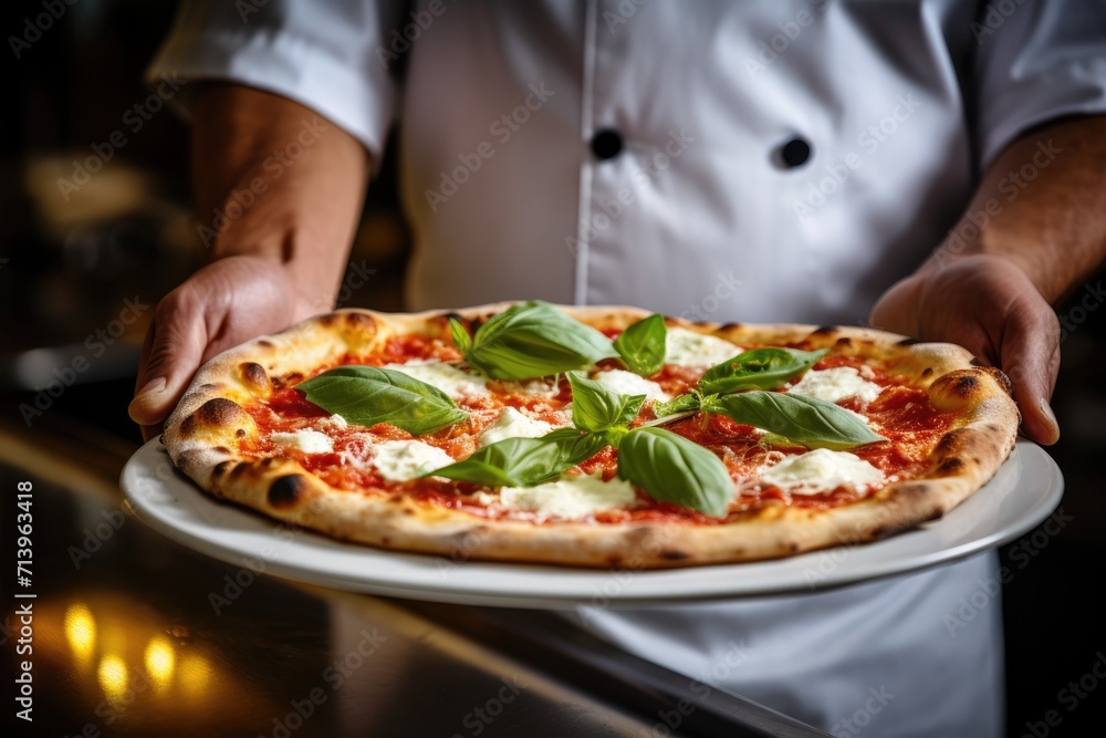 Taste of Italy. A pizzaiolo Chef from Naples Showcasing a Delicious Piping Hot Pizza. Copy Space. Neapolitan Gastronomy	
