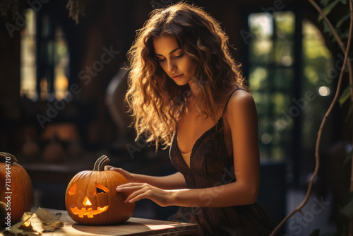 Young woman preparing for halloween sitting at the table with a pumpkin face