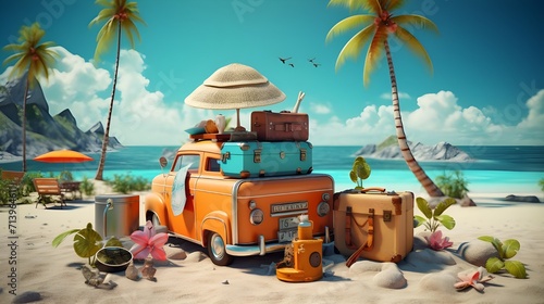 summer vacation travel on the beach, 3d rendering cartoon