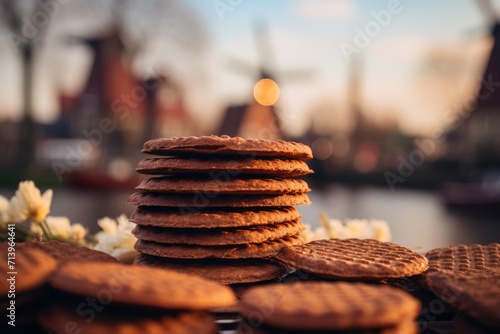 Culinary Amsterdam: Stroopwafels Delightfully Presented by a Baker Against the Picturesque Backdrop of Dutch Windmills in Amsterdam, Blending Sweetness with Scenic Charm.

 photo