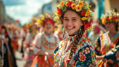 portrait of a woman in traditional clothing. traditional Easter parade with people in folk costumes, a celebration of cultural heritage in a vibrant community setting,