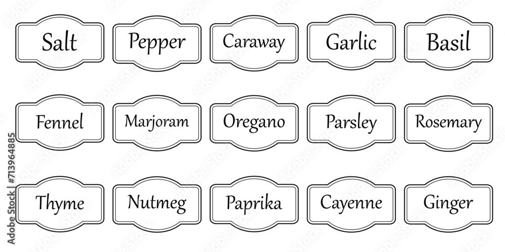 Herb tag, set of vector kitchen sticker, spice pepper label, spicy emblem, paper, salt, ginger, thyme, sugar, jar label
