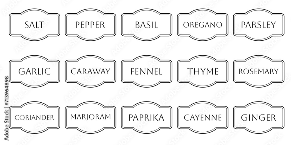 © Alex - Herb tag, set of vector kitchen sticker, spice pepper label, spicy emblem, paper, salt, ginger, thyme, sugar, jar label