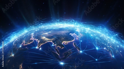 Beautiful planet earth with connecting points and lines for worldwide connection and global communication technology concept. Generative AI