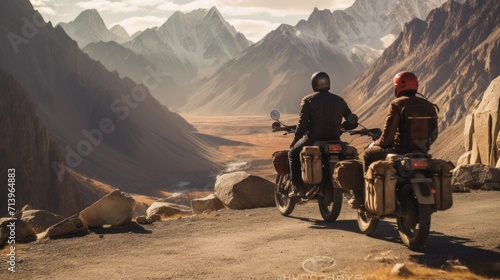 Print op canvas young indian bikers stopping by a great Himalayan view en route to Ladakh