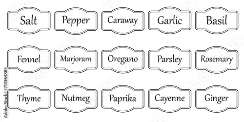 Herb tag, set of vector kitchen sticker, spice pepper label, spicy emblem, paper, salt, ginger, thyme, sugar, jar label