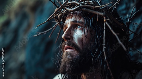 Suffering Redeemer: The Religious Symbolism Unfolds as Jesus' Solemn Countenance Bears the Weight of a Crown Adorned with Sharp Thorns, Reflecting His Sacrifice for Humanity's Sins.