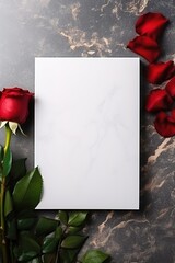 vertical mockup white blank paper sheet with red rose top view on black marble stone, template empty card flat lay with copy space