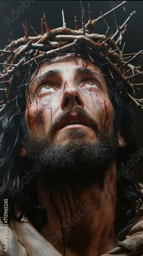 Suffering Redeemer: The Religious Symbolism Unfolds as Jesus' Solemn Countenance Bears the Weight of a Crown Adorned with Sharp Thorns, Reflecting His Sacrifice for Humanity's Sins.