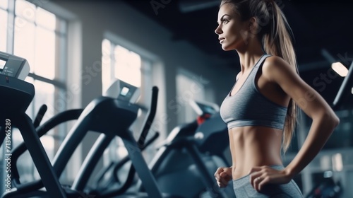 Working out. Side view of beautiful athletic woman in sportswear training legs at gym. © haizah