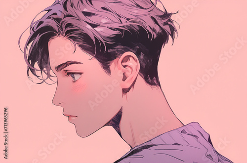 portrait in profile of a young handsome anime guy with short hair on a pale pink background