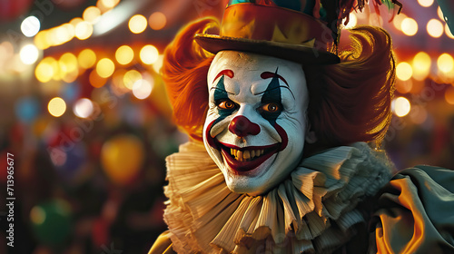 a clown face portrait, the joker wears a grinning smile with laughter in his eyes and a red nose, adding a twist to the circus spectacle. photo