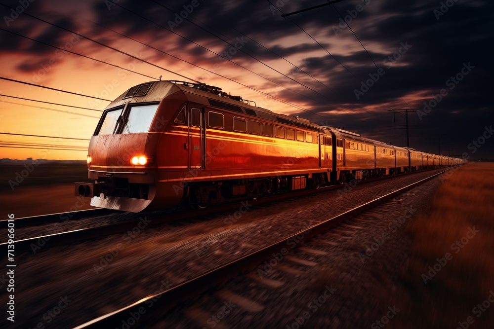 Naklejka premium At sunset on the railway station, a high-speed train is in action. Modern passenger train travelling quickly on a railway platform. featuring a motion blur aesthetic. transportation for business