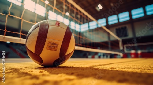 Volleyball ball and net in voleyball arena during a match. photo