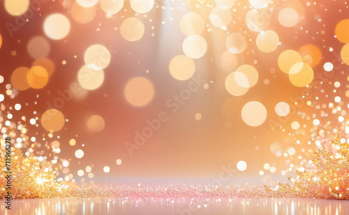 Wallpaper for party, holiday, birthday, invitation in trending peach fuzz color. Banner of bokeh abstract peach, pink and purple, golden bokeh sparkles lights. Blurred shiny, glowing festive, bokeh