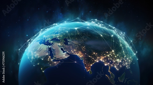 Beautiful planet earth with connecting points and lines for worldwide connection and global communication technology concept. Generative AI