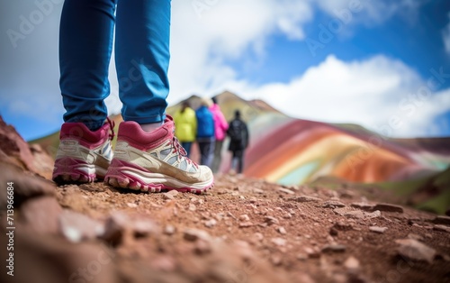 Low and Wide Angle Photo Capture Hikers Trekking the Rainbow Mountains in Peru, Embarking on an Adventure Through Nature's Stunning Alpine Landscape