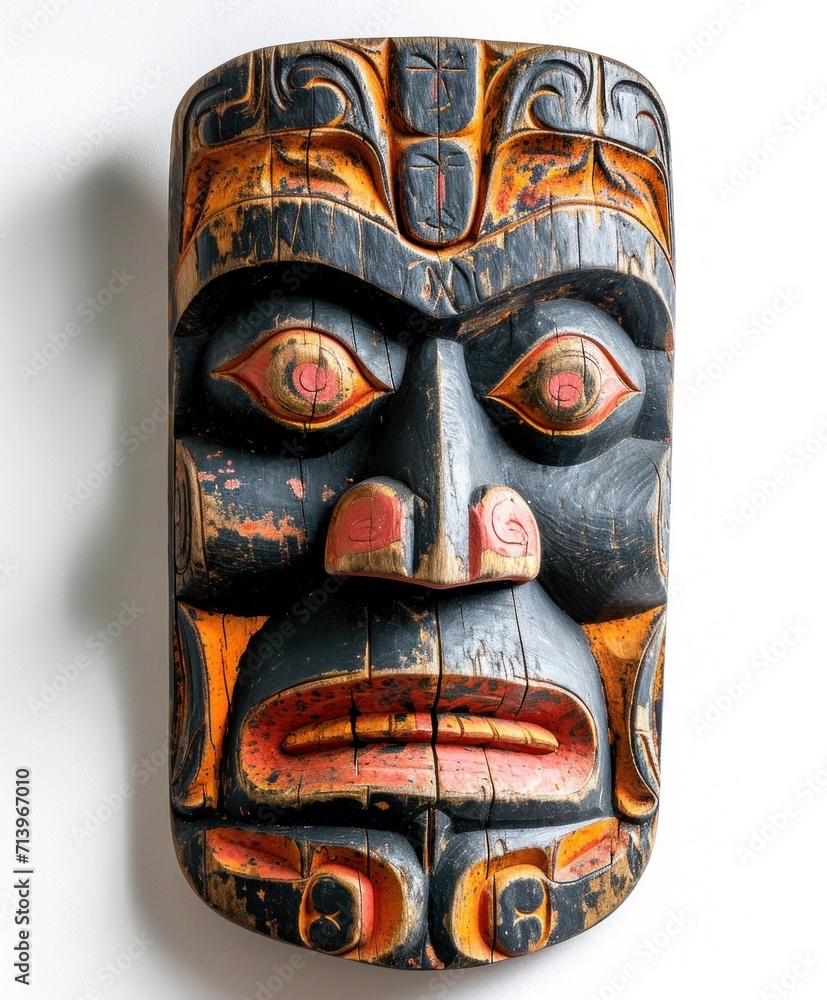 Traditional African mask with intricate colored details on a white background