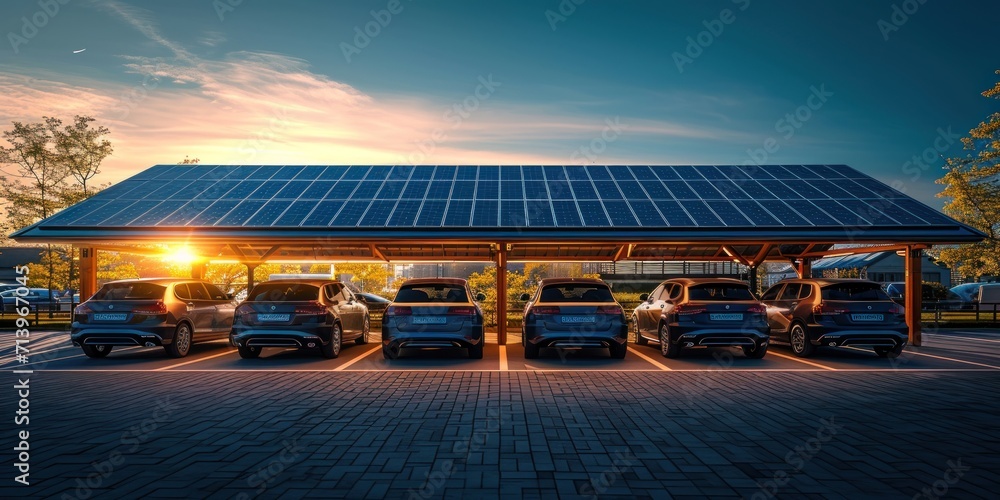 The solar carport is equipped for parking public vehicles. Generative Ai. - obrazy, fototapety, plakaty 