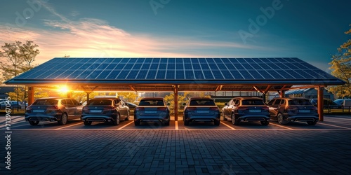 The solar carport is equipped for parking public vehicles. Generative Ai. photo