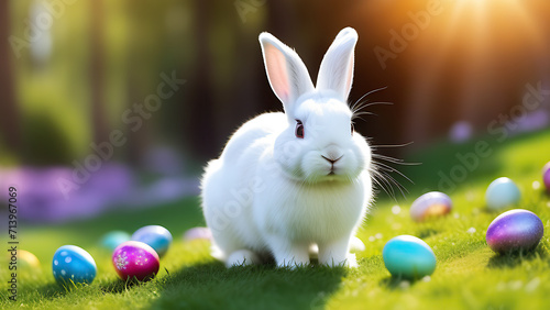A very cute, white and fluffy Easter bunny on the green grass on a sunny spring day is looking for Easter eggs. A rabbit is on the lawn, looking for bright colorful eggs. Lots of eggs
