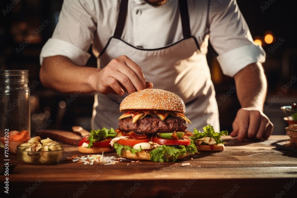 Culinary Mastery: A Burger Chef Expertly Dices Fresh Ingredients, Unveiling the Perfect Rustic Burger, a Culinary Artistry of Delicious Gourmet Cooking.

