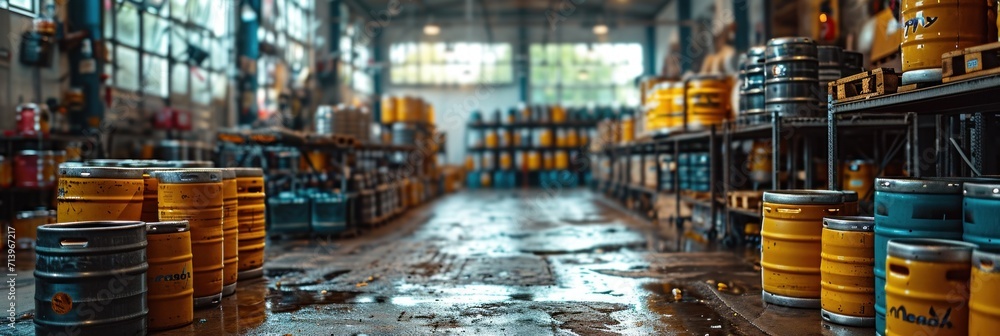 Rows of Stacked Beer Kegs in a Brewery Warehouse Awaiting Distribution Rows of Stacked Beer Kegs in a Brewery Warehouse Awaiting Distribution