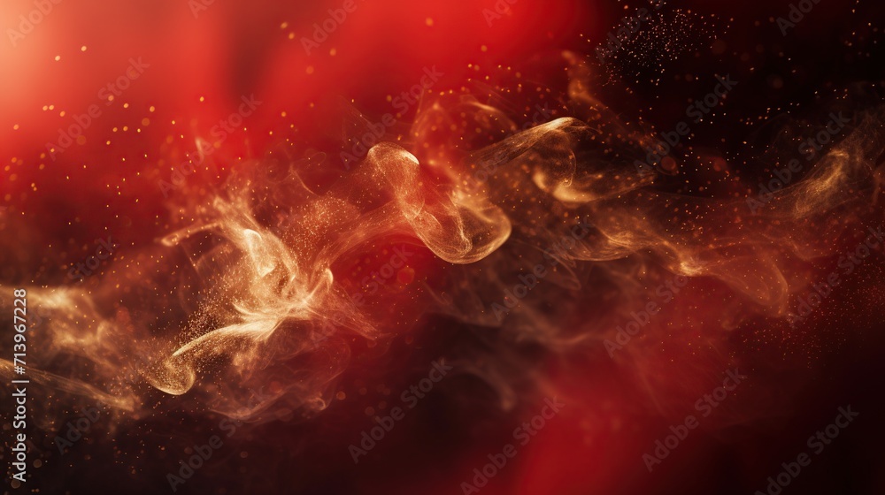 Abstract shinny golden glitter and particles with smoke on a dark red background. Futuristic glittering concept. Generative AI