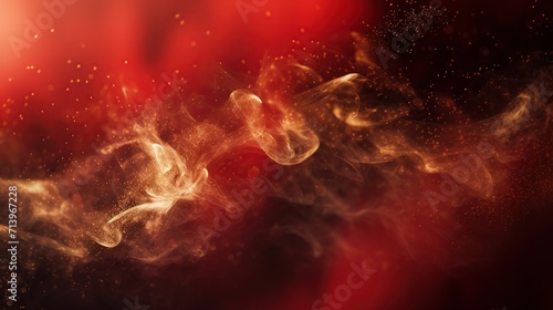 Abstract shinny golden glitter and particles with smoke on a dark red background. Futuristic glittering concept. Generative AI © Alpa
