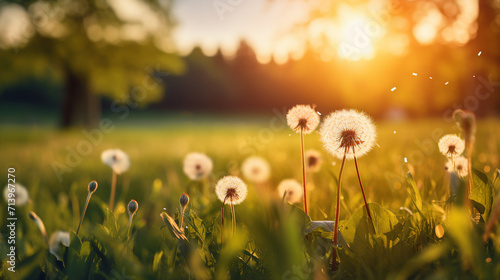 Serene Forest Meadow with Fresh Green Grass and Dandelions at Sunset: Beautiful Summer Nature Background with Copy-Space for Promotional Content.
